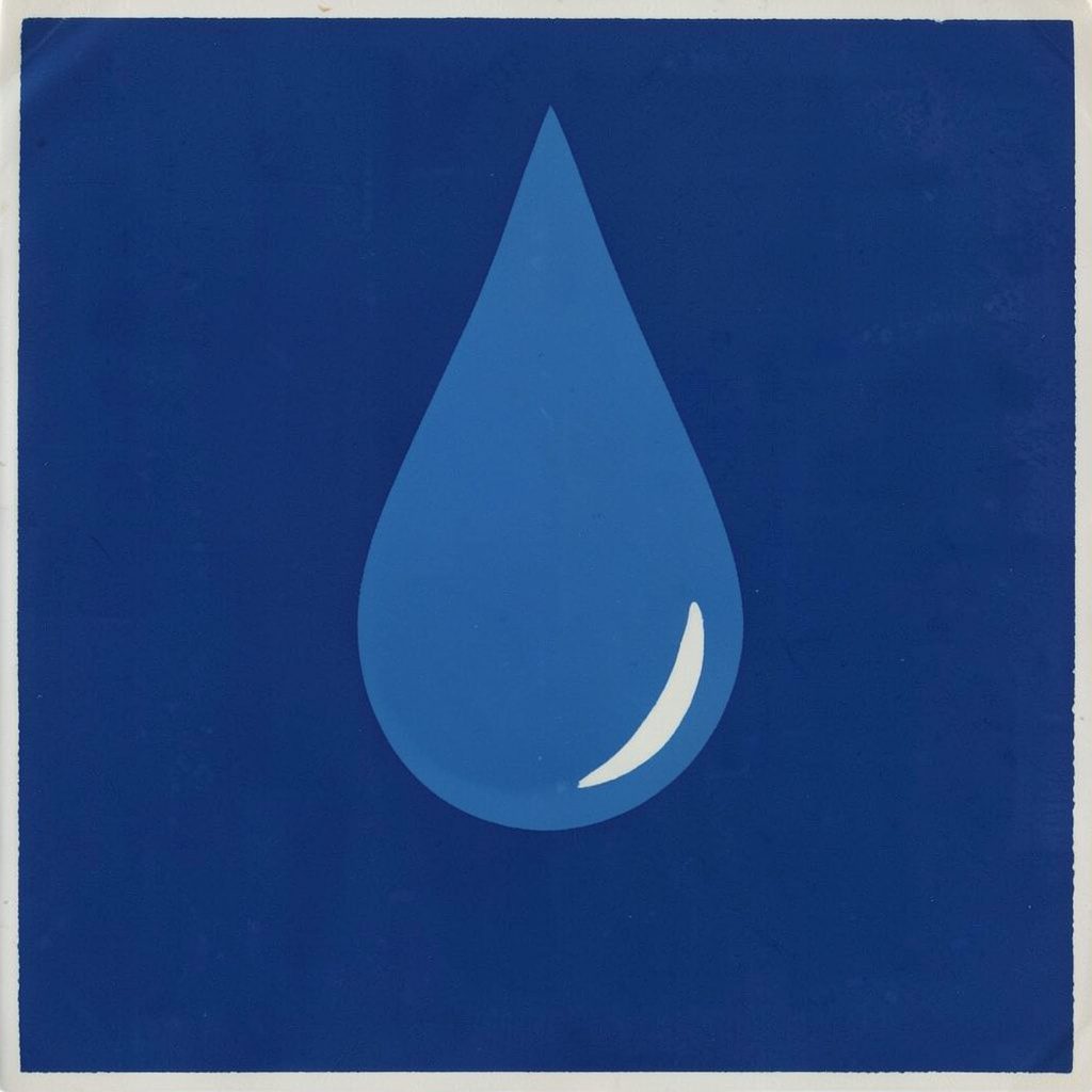 A matte gouache poster painting of a single water droplet rippling outward, in soft blue and white tones with a clean, quiet mood