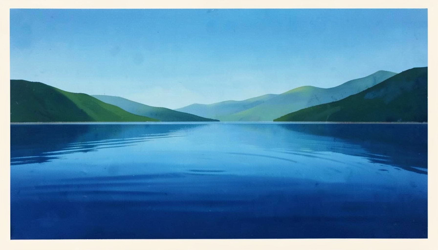 A matte gouache poster painting of a calm lake reflecting a soft blue sky, with gentle green hills on the horizon and a subtle ripple across the water surface, conveying serenity and the promise of clean water.