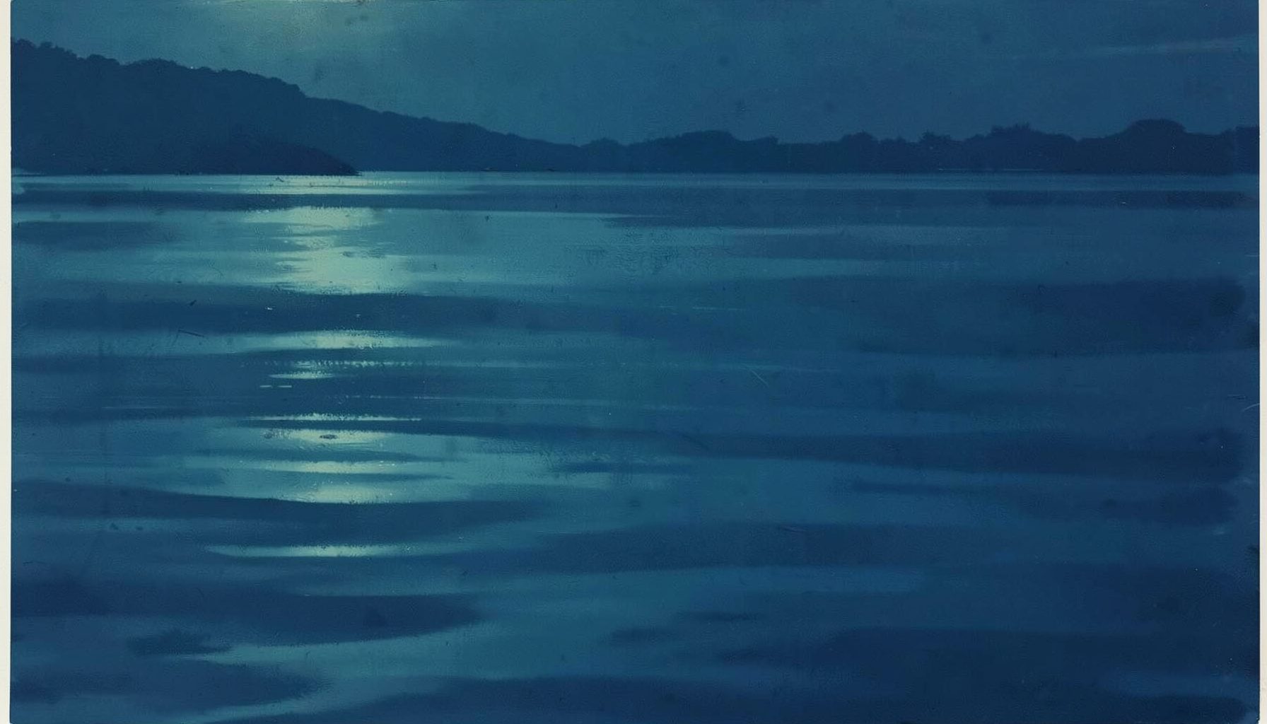 A matte gouache poster painting of a calm water surface reflecting soft morning light, with muted teal and deep navy tones blending into a quiet, professional atmosphere.