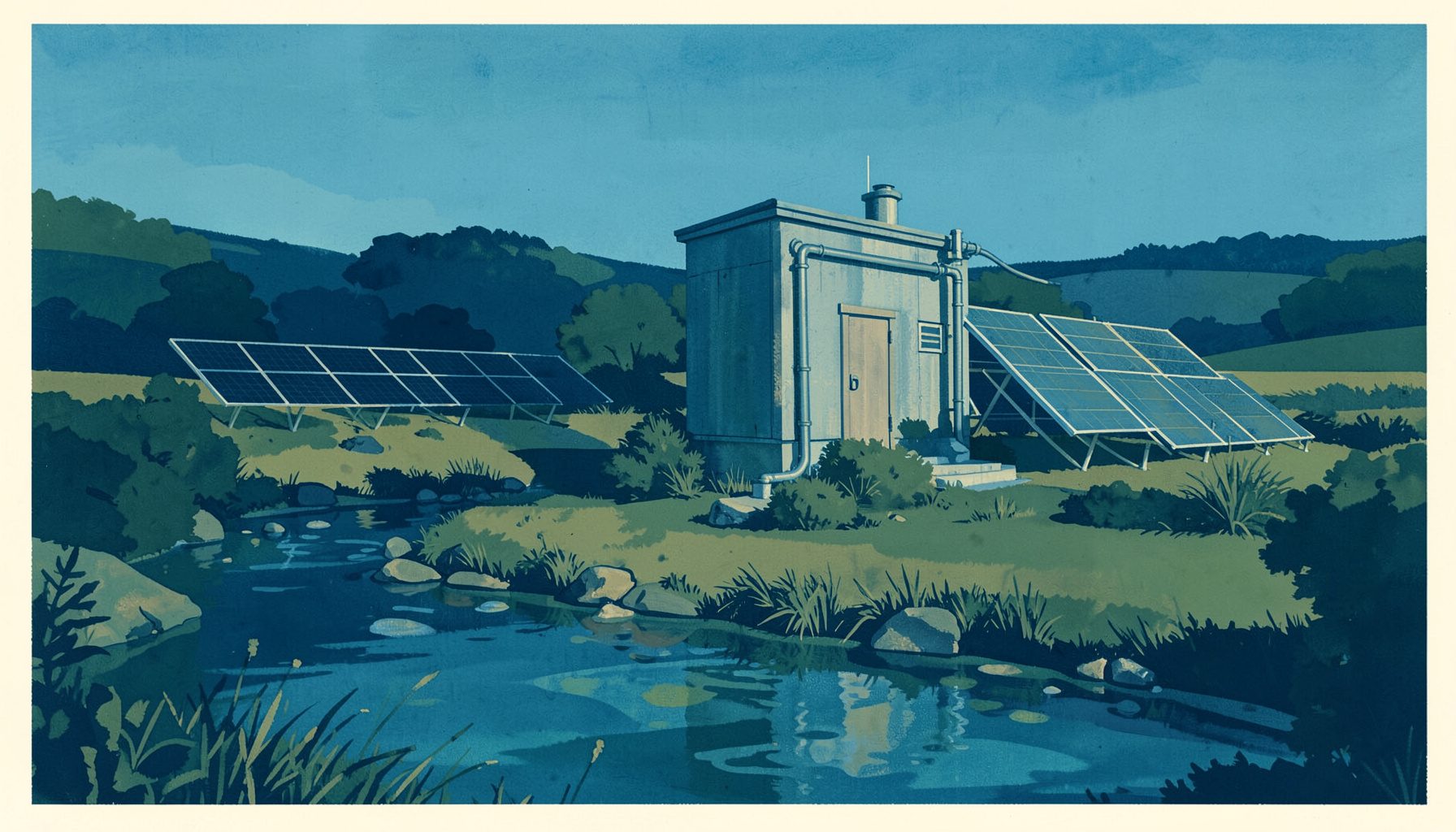 A matte gouache poster painting of a compact water treatment unit with solar panels beside a clear stream in a rural landscape, rendered in deep teal, muted gold, and soft sky blue tones.