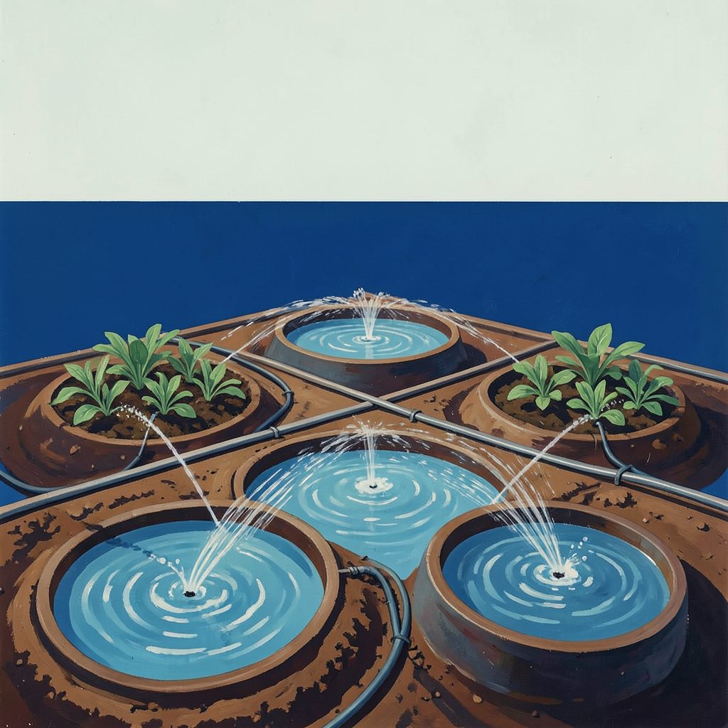 A matte gouache poster painting of circular agricultural beds irrigated by clean water, with rich soil tones and vibrant green crops under a pale sky.