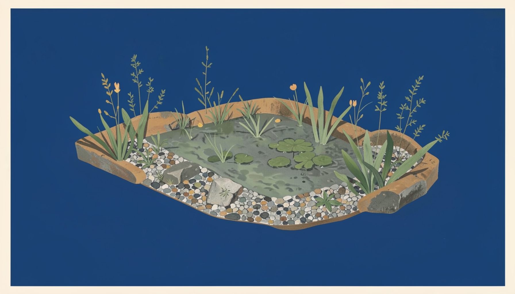 A matte gouache poster painting of a small-scale constructed wetland with gravel beds and aquatic plants, rendered in muted greens, slate grays, and warm ochre tones.