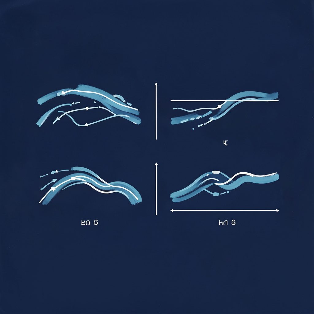 A matte gouache poster painting of a technical diagram-style illustration showing water flow stages, in cool blues and soft whites against a dark navy background.