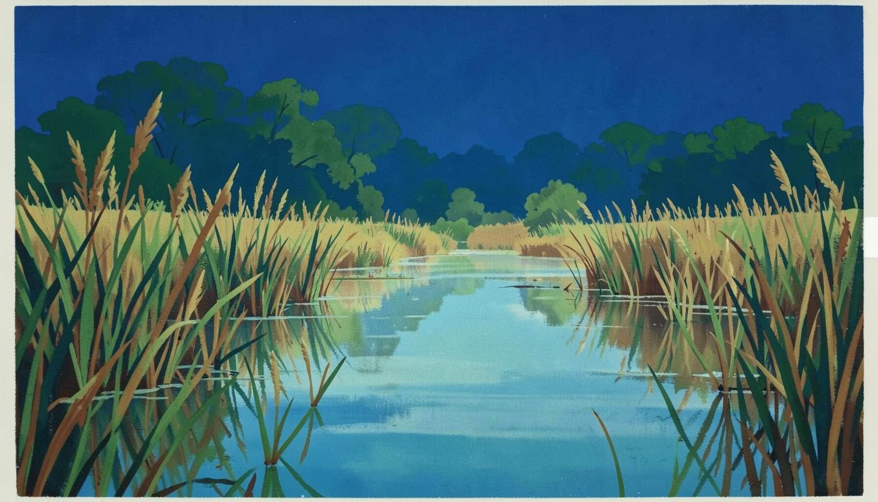 A matte gouache poster painting of a lush wetland landscape with reeds, calm reflective water in soft greens and earthy browns, conveying natural water purification and ecological balance.