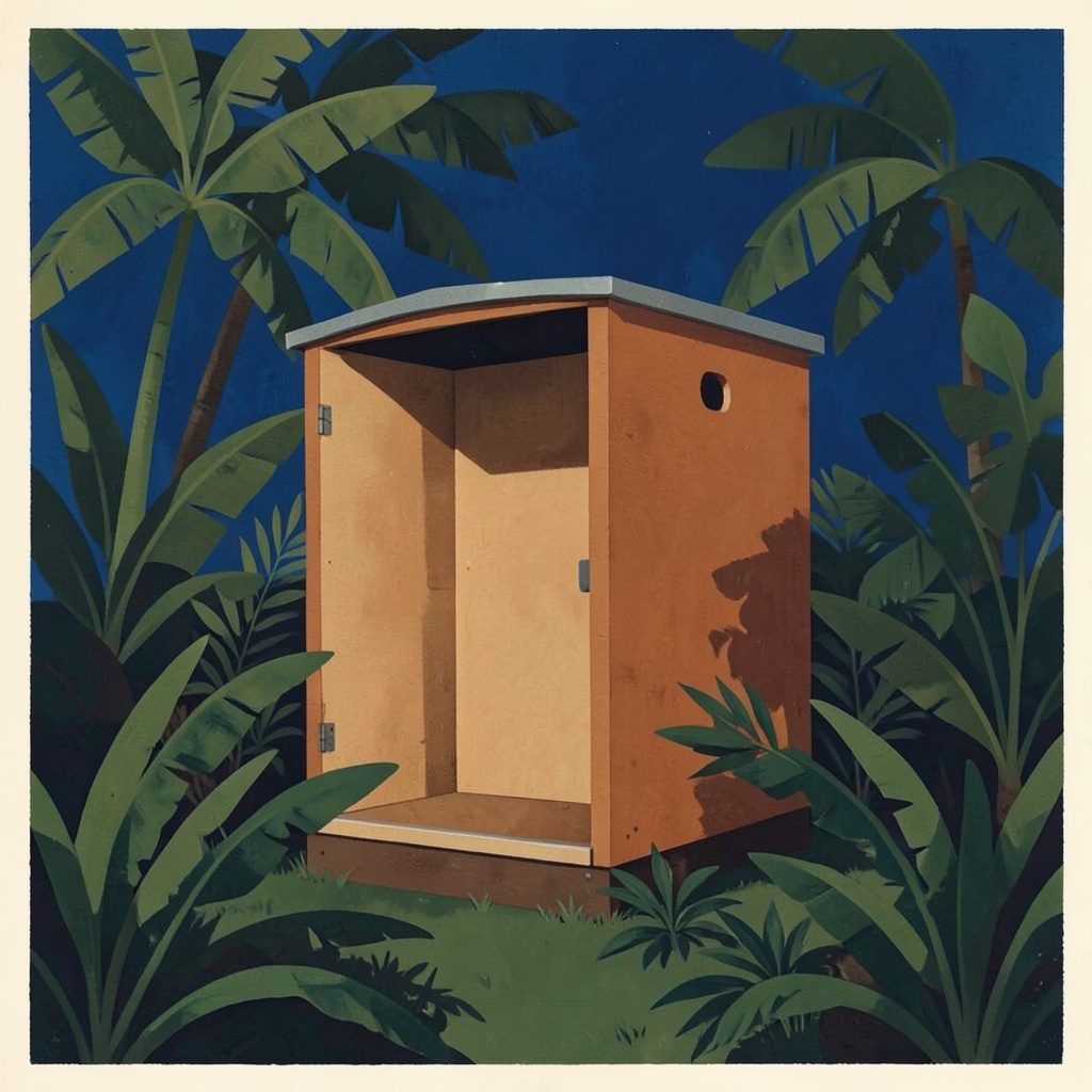 A matte gouache poster painting of a simple composting toilet structure surrounded by tropical vegetation, in warm earth tones and deep leafy greens.