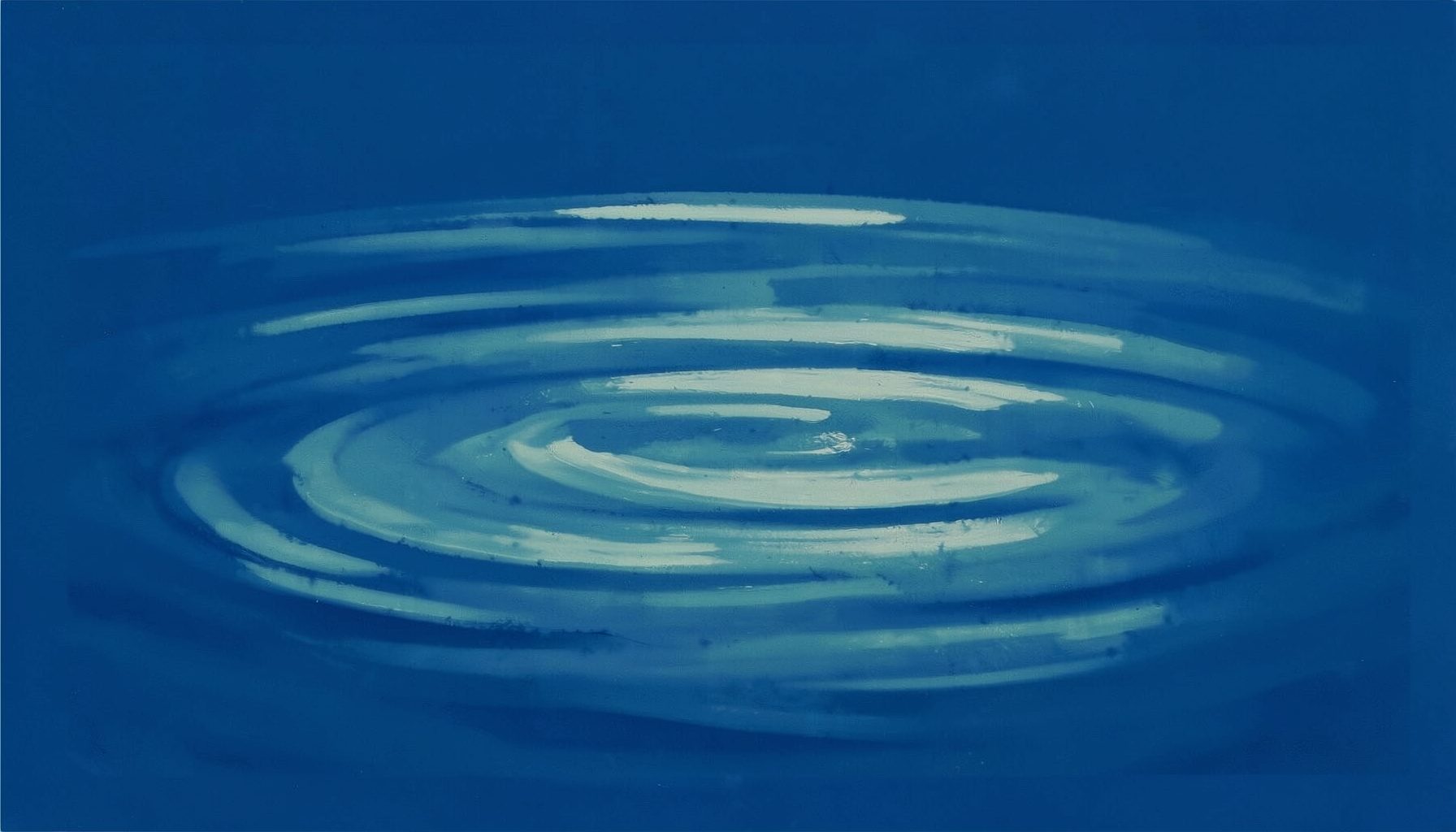 A matte gouache poster painting of a calm water surface reflecting soft morning light, with subtle ripples spreading outward in muted blues and teals, conveying clarity and thoughtful process.