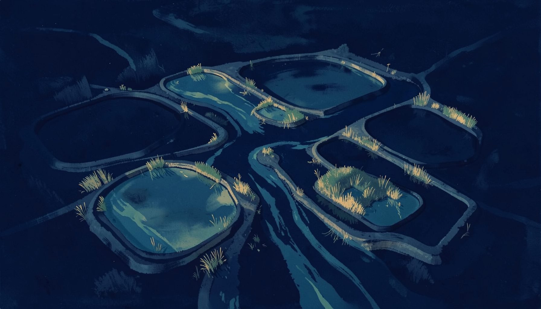 A matte gouache poster painting in deep navy blues and muted teals, showing an abstract aerial view of water flowing through a decentralized network of small treatment basins and reed beds, with soft golden highlights suggesting renewable energy integration.