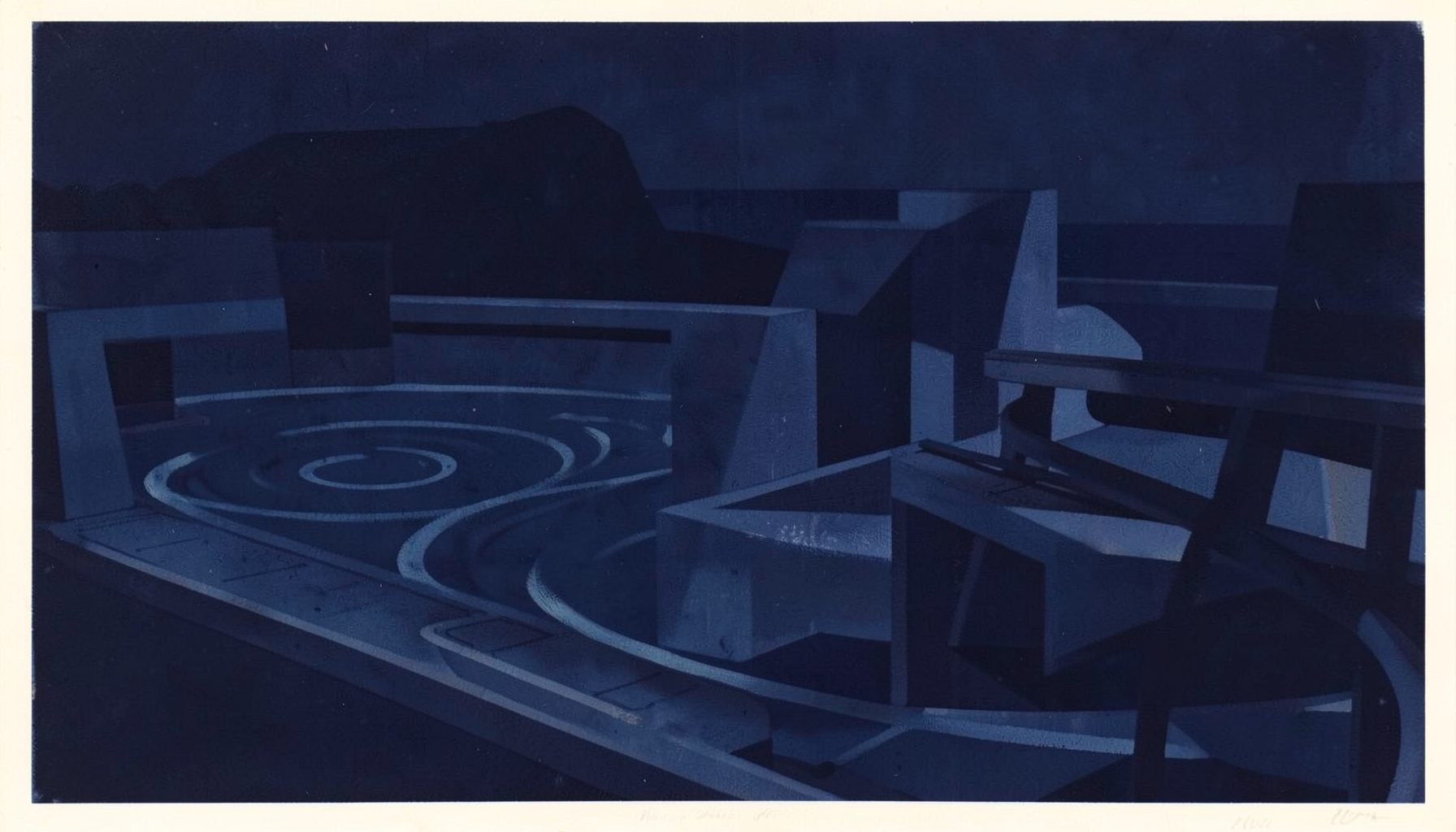 A matte gouache poster painting in deep navy and slate blue tones, showing a calm abstract composition of layered geometric forms suggesting water ripples and structured infrastructure, with subtle warm highlights.