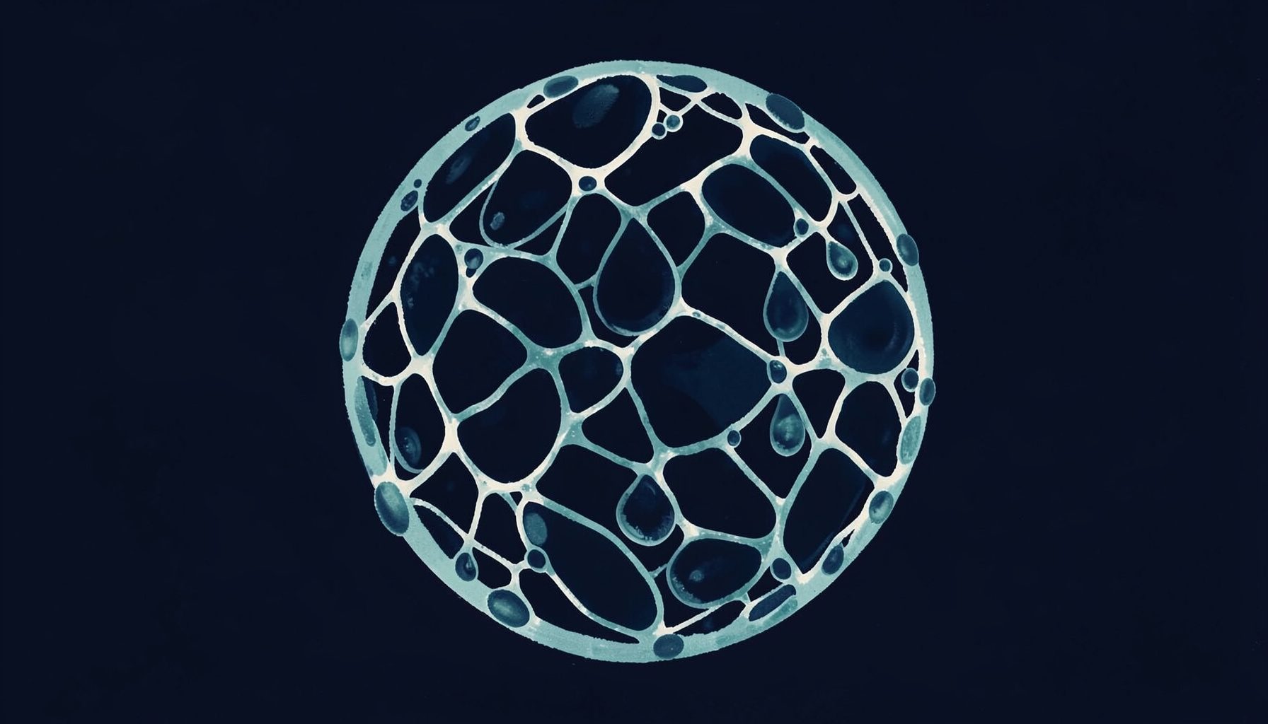 A matte gouache poster painting of interconnected water droplets forming a globe-like network, rendered in deep navy blues, soft teal, and muted white highlights against a dark background.